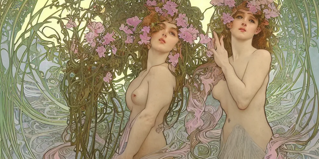 Prompt: alphonse mucha masterpiece, hyperrealistic surrealism, award winning masterpiece with incredible details, epic stunning, infinity pool, a surreal vaporwave liminal space, highly detailed, trending on ArtStation, calming, meditative, pink arches, flowing silk sheets, palm trees, very vaporwave, very very surreal, sharp details, dreamscape