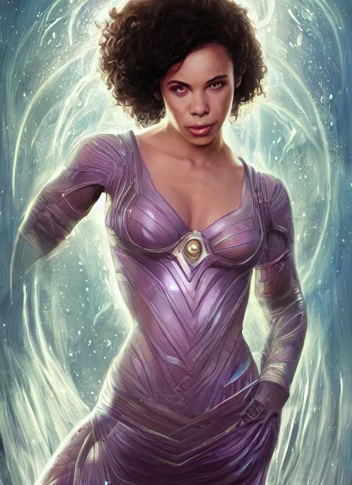 Image similar to full figure ultra realistic illustration, madeleine mantock from charmed second tv show, as marvel enchantress, intricate, elegant, highly detailed, digital painting, artstation, concept art, smooth, sharp focus, illustration, art by artgerm and greg rutkowski and alphonse mucha