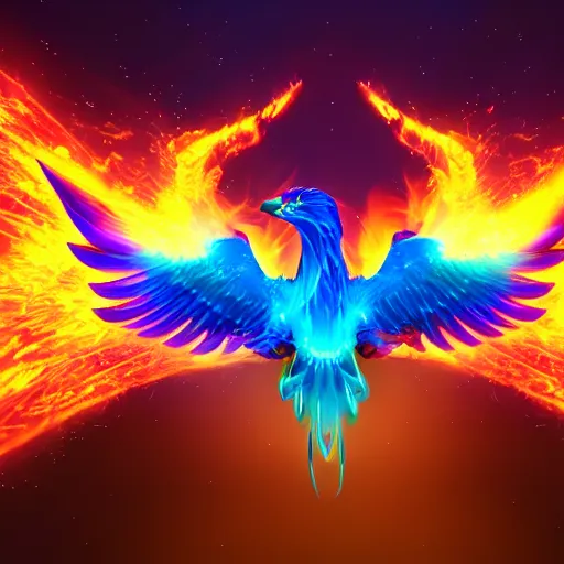 Image similar to the Phoenix flying in the sky with cyan flame, flaming aura, cinema 4d render, ray tracing,