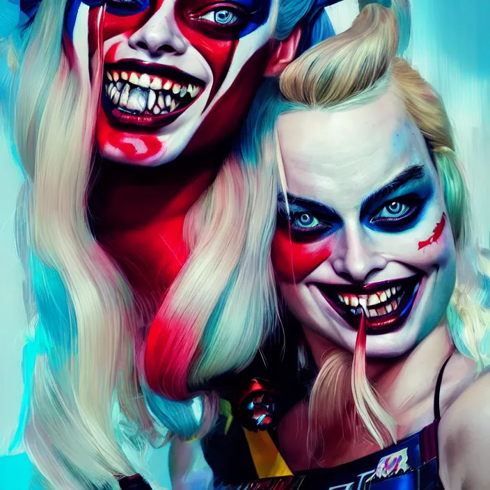 Image similar to portrait of Margot Robbie as a harley quinn. intricate abstract. intricate artwork. by Tooth Wu, wlop, beeple, dan mumford. octane render, trending on artstation, greg rutkowski very coherent symmetrical artwork. cinematic, hyper realism, high detail, octane render, 8k, iridescent accents