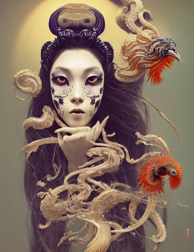 Image similar to 3 d goddess half - turn portrait with long hair with ram skull. beautiful intricately detailed japanese crow kitsune mask and clasical japanese kimono. betta fish, jellyfish phoenix, bio luminescent, plasma, ice, water, wind, creature, artwork by tooth wu and wlop and beeple and greg rutkowski