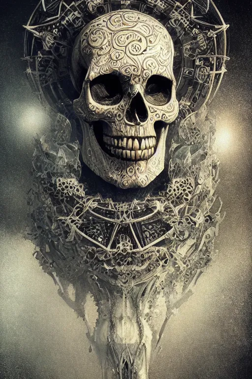 Prompt: concept art skull, the skull is decorated with art deco patterns, close - up portrait, powerfull, intricate, elegant, volumetric lighting, scenery, digital painting, highly detailed, artstation, sharp focus, illustration, concept art, ruan jia, steve mccurry