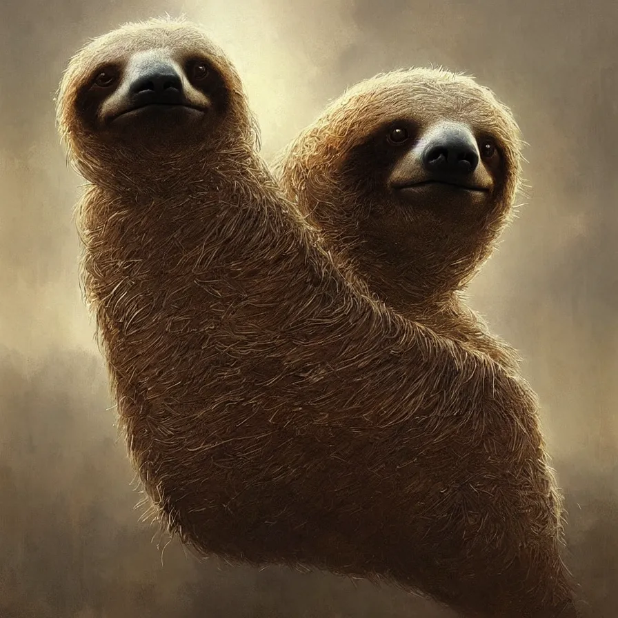 Image similar to close portrait of a sloth, high detail, dramatic light, digital art, painted by greg rutkowski, painted by seb mckinnon, trending on artstation