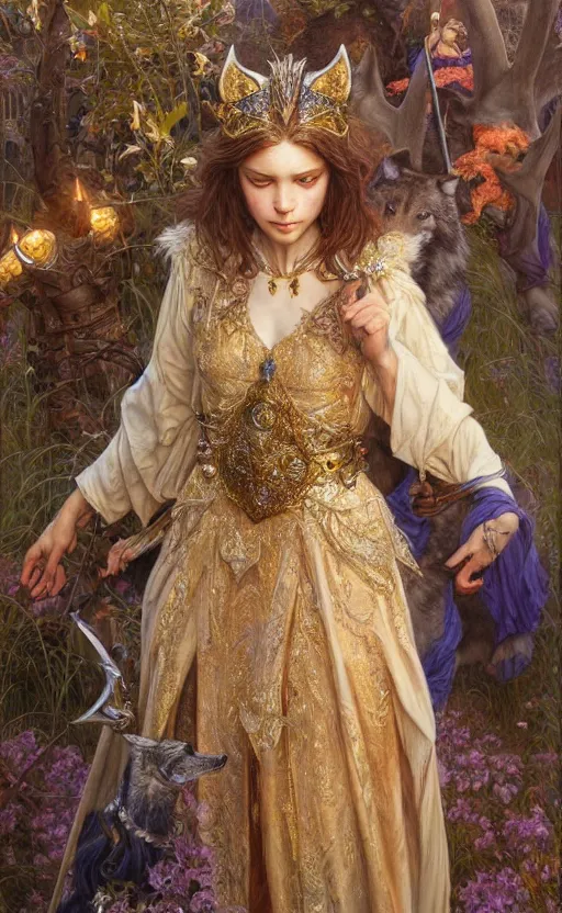 Image similar to highly detailed full shot portrait of a enchanted wolf in the form of a beautiful young princess. d & d, art by donato giancola and ruan jia and carl larsson and magali villeneuve. trending on artstation, intricate details, energetic composition, golden ratio, concept art, illustration, elegant art