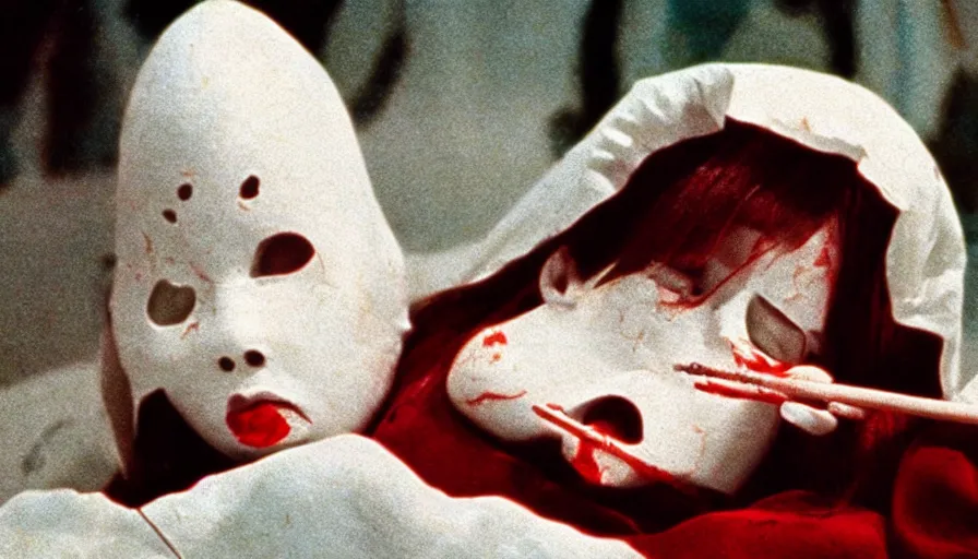 Image similar to 60s movie still of a white japanese female phantom with a bloody foetus stick on the head, eastmancolor, heavy grain, high quality, higly detailed, liminal space