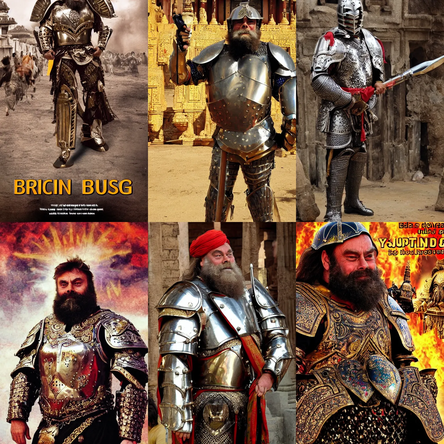 Prompt: brian blessed in armour outside a temple. bollywood action movie poster.