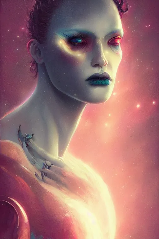 Prompt: a dramatic lighting photo of an elegant alien king, vaporwave colors, goth vibe, kawaii vibe, moody aesthetic, artgerm, tom bagshaw, gerald brom,