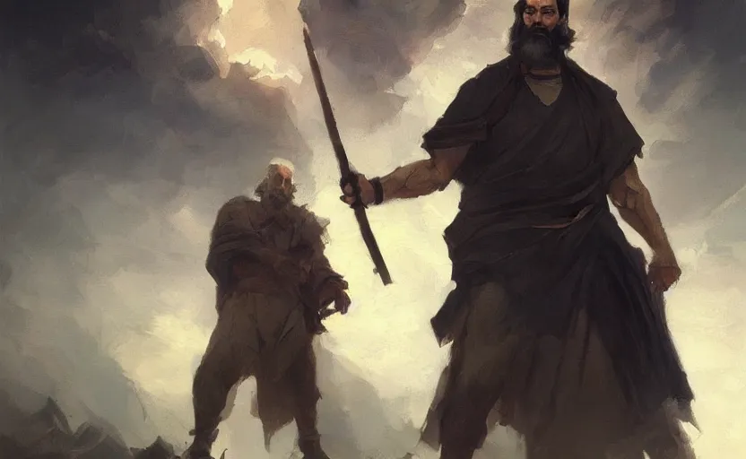 Image similar to a painting of the all father holding a staff trending on artstation in the style of greg rutkowski, beautiful, male, sensual, wise, natural skin, black beard, leader, staff, 1 8 0 0 s