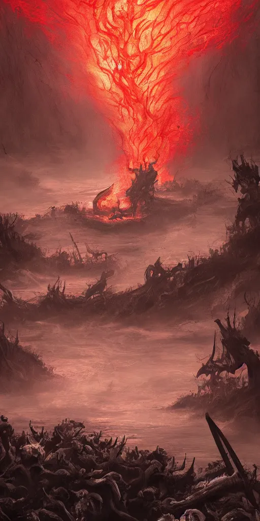 Image similar to bloody river in hell, trending on artstation