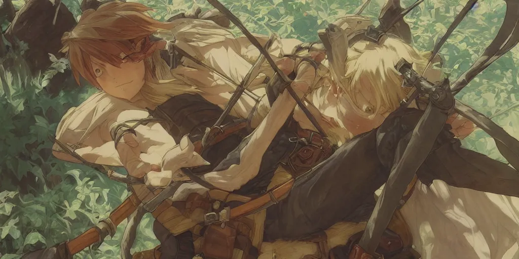 Image similar to cinematic full anime portrait of link from zelda resting with his bow at his tent. intricate, elegant, highly detailed, digital art, artstation, concept art, smooth, sharp focus, illustration, by stanley artgerm, greg rutkowski, studio ghibli, alphonse mucha, norman rockwell 8 k