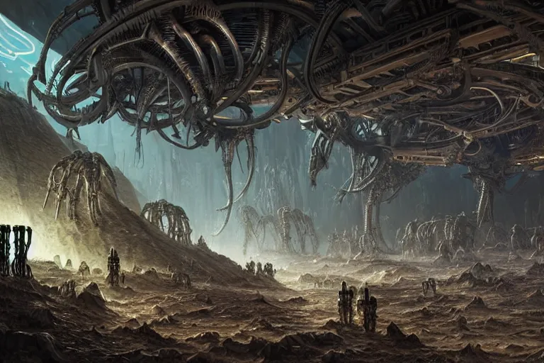 Image similar to Epic science fiction cavescape. In the foreground is soldiers in battle-armor searching, in the background alien machinery and alien eggs. The skeleton of a gigantic alien machine creature is between them. Stunning lighting, sharp focus, extremely detailed intricate painting inspired by H.R. Giger and Simon Stalenhag