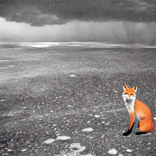 Image similar to Anthropomorphic fox in the middle of an old battlefield that is crumbling into a turbulent ocean, thunderstorm, 35mm picture