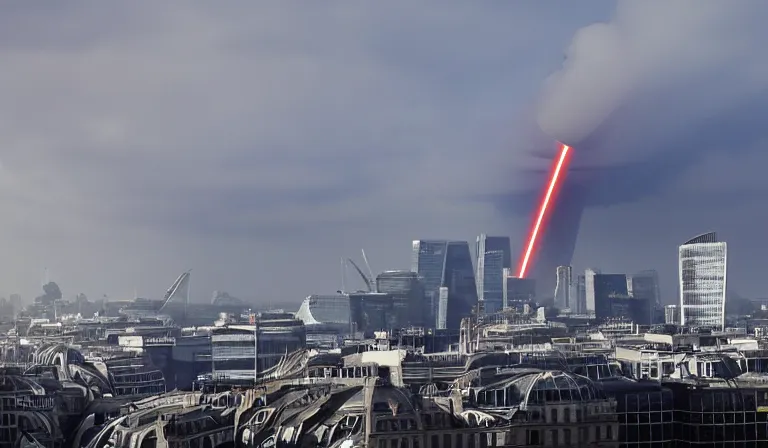 Prompt: city of london being vaporized by the death star high up in the atmosphere, rapheal lacoste style,