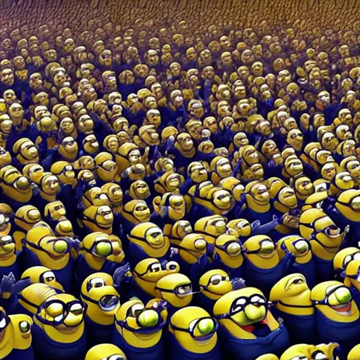 Image similar to Crowd of minions clapping their hands in applause. Photorealistic, Hyper detailed render. 4k. Artstation.