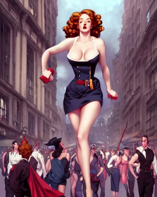 Image similar to pinup photo of hermione jean granger in the crowded square of the city, by greg rutkowski, artgerm, gil elvgren, enoch bolles, glossy skin, pearlescent, anime, very coherent, sao style anime, flat