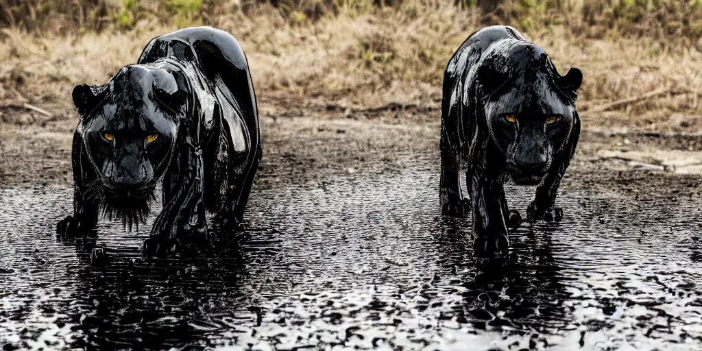 Image similar to the black lioness made of ferrofluid, dripping tar, drooling ferrofluid, crawling out of the air vent. dslr, photography, animal photography, goo, reflections, sticky, melting