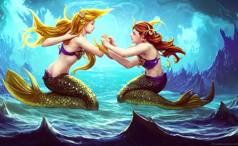 Image similar to two mermaids leaping from water to fistbump, fantasy, whimsical, dungeons and dragons, league of legends splash art, heroes of the storm splash art, hearthstone splash art, world of warcraft splash art, overwatch splash art, art by artgerm, art by alphonse mucha, intricately detailed, highly detailed, trending on artstation,