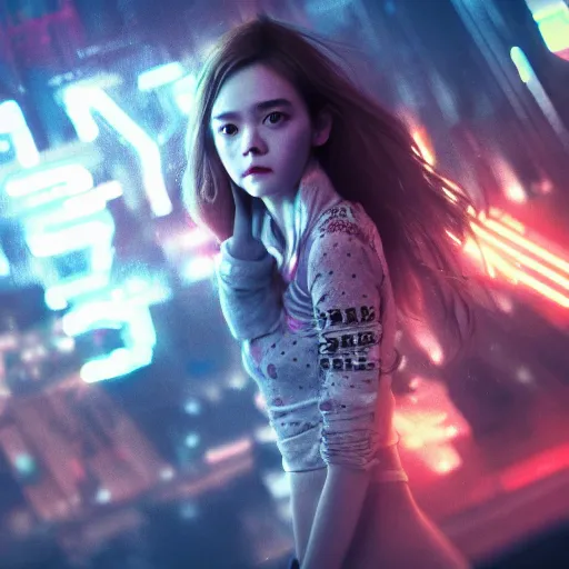 Image similar to a girl like (yoona, Elle Fanning), punching in a bag, background cyberpunk city, full shot, photo, volumetric lighting, epic composition, intricate details, dark neon punk, by KDA