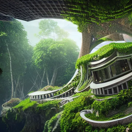 Image similar to fractal flowing eco sustainable utopian architecture, artstation, realistic, octane render, cinematic.