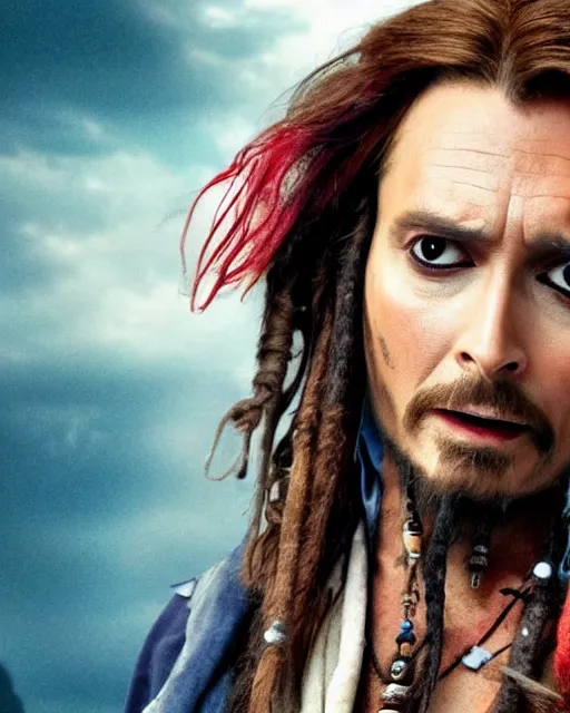 Prompt: David Tennant in the role of captain jack sparrow, film still, amazing short, 8K, IMAX, ultra detailed