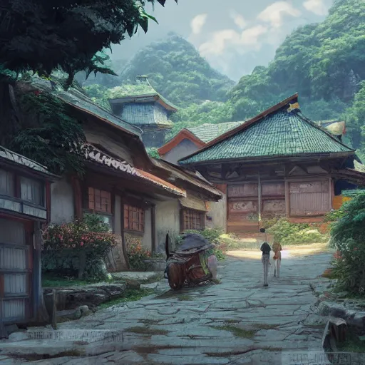 Image similar to concept art painting of a cozy village in a mountainous forested valley, historic european and japanese architecture, realistic, detailed, cel shaded, in the style of makoto shinkai and greg rutkowski and james gurney