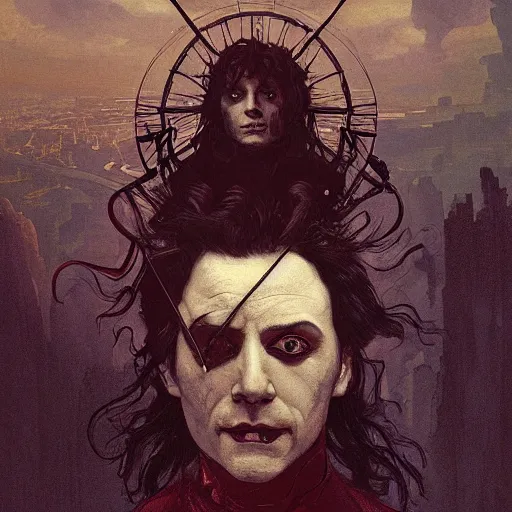 Prompt: sweeney todd as the demon barber standing atop a mountain looking down on london, surreal, intricate, headshot, highly detailed, digital painting, artstation, concept art, cinematic lighting, illustration, art by artgerm and greg rutkowski, alphonse mucha, cgsociety, science fiction