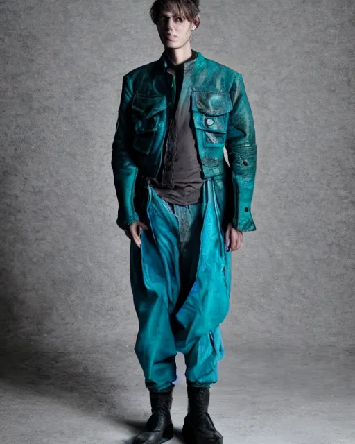 Prompt: an award - winning photo of a male model wearing a baggy teal distressed medieval menswear motorcycle jacket by issey miyake, 4 k, studio lighting, wide angle lens