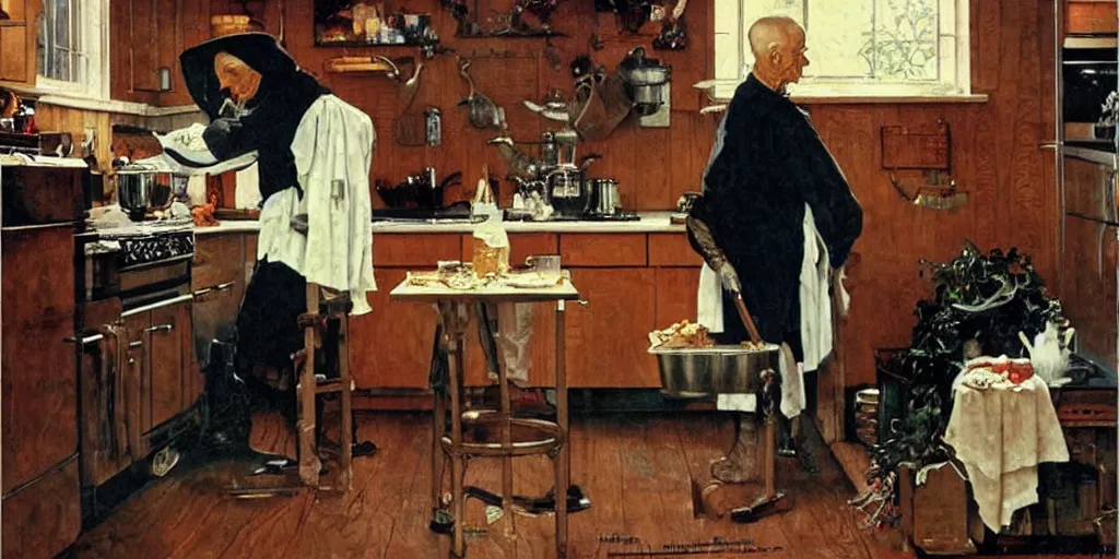 Prompt: grim reaper making coffee in a large kitchen, gorgeous painting, by norman rockwell, wholesome, holiday