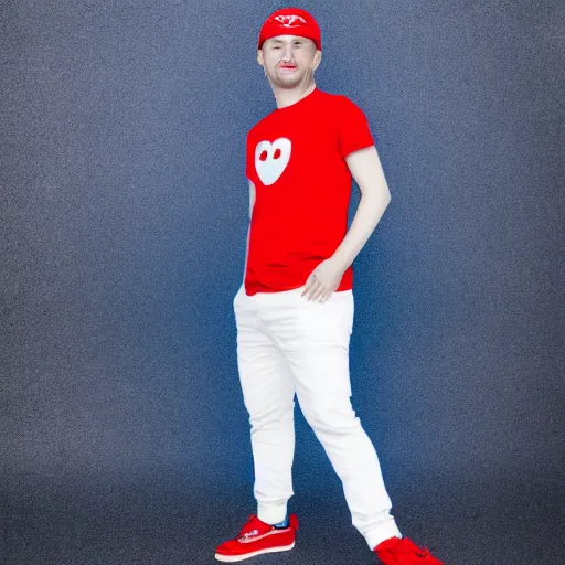 Image similar to a full body shot of an average white, short young - adult man with blue dyed hair, wearing a red backwards cap, white t - shirt with a red no symbol on it, blue long pants and red shoes, holding a microphone, photoshoot, grey background