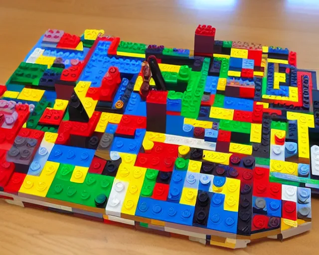 Image similar to intricate colorful lego set of a Turing machine