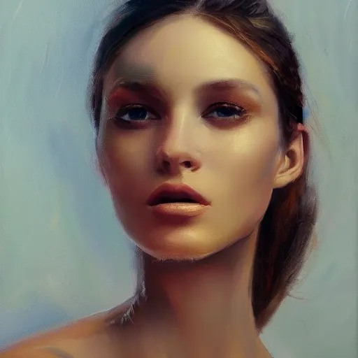 Image similar to a vogue model, oil painting, pale colors, high detail, 8 k, wide angle, trending on artstation,