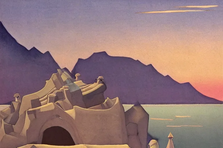 Prompt: an oriental palace made of immaculate white stones planted at the edge of a waterless ocean under a twilight light, blue sky without clouds, people angling at the edge, crystalline rock, pastel shades, style of nicholas roerich, mountains made of sharp crystal that emit light