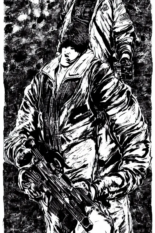 Prompt: a portrait of kaneda from akira with a glock - 1 8 gen 4, in the art style of katsuhiro otomo, realistic, highly detailed, b & w, 4 k