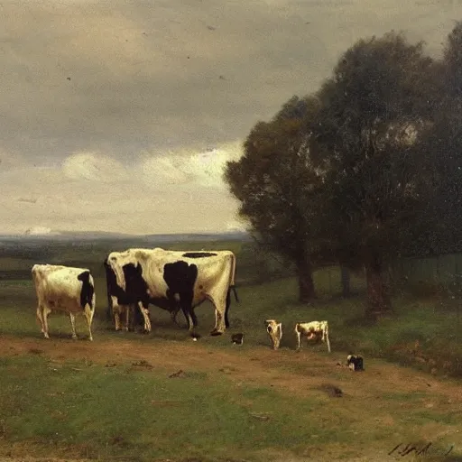 Image similar to a herd of cows on a country road, 1 9 th century painting, anton mauve