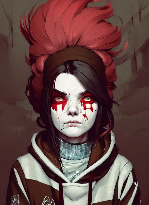 Image similar to highly detailed portrait of a sewer punk canadian lady, tartan hoody, white hair by atey ghailan, by greg rutkowski, by greg tocchini, by james gilleard, by joe fenton, by kaethe butcher, gradient red, brown, blonde cream and white color scheme, grunge aesthetic!!! ( ( graffiti tag wall background ) )