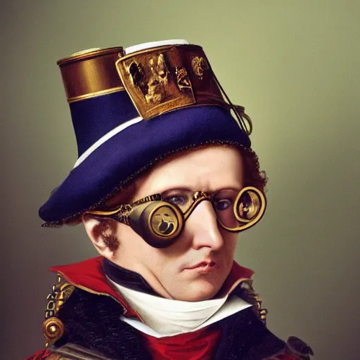 Image similar to realistic photo of napoleon wearing big steampunk googles, photo by gustave baumann