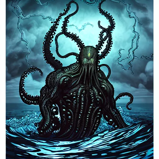 Prompt: in the style of Steve Niles and artgerm, Chtulhu rising from the water,, Lovecraftian, ocean, night, storm, lighting, terror, horror