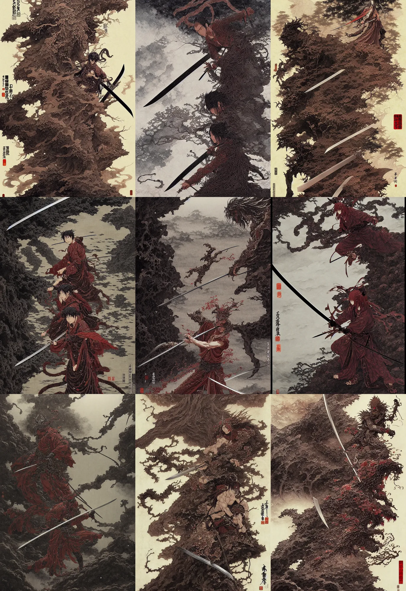 Prompt: a matte painting of a ancient katana containing the spirit of a demon, in japanese cave, chainsaw like blade, au naturel, intricate complexity, concept art, by takato yamamoto, wlop, beautiful blade, krenz cushart. cinematic dramatic atmosphere, sharp focus