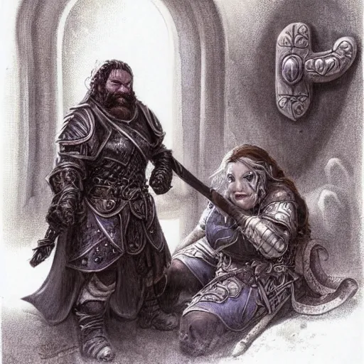 Image similar to a dwarf paladin comforting an elven female ranger. Grimdark fantasy art by Gerald Brom