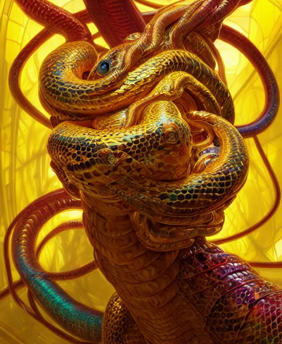 Image similar to intricate colorful golden portrait of a terrifying beautiful alien snake creature, mottling coloring, adorable, childlike, medical equipment hospital environment, ultra realistic, concept art, art nouveau, photorealistic, octane render, 8 k, unreal engine. art by christopher marley and artgerm and greg rutkowski and alphonse mucha