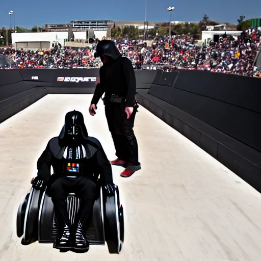 Image similar to darth vader in a wheelchair on a half pipe ramp at x - games action photo magazine