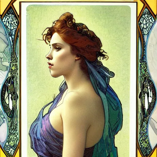 Prompt: scarlett johansson portrait by louis - theophile hingre and alphonse mucha, realistic, sharp focus, zodiac signs, tarot cards, planets, ethereal, art nouveau, magic, moon, sun, crown, dreamy, royal, jewellery