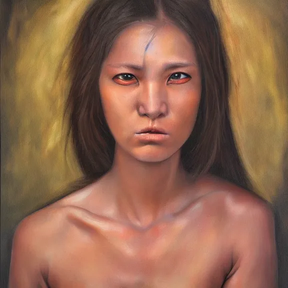 Image similar to female zerg, full face and body, dark oil painting, hyperrealism