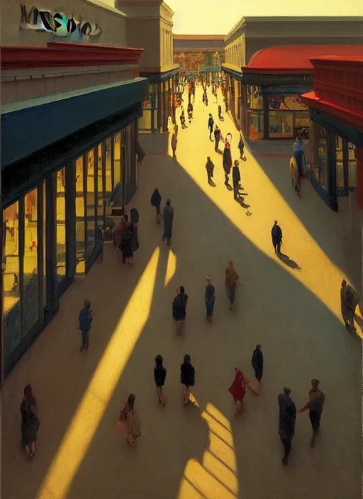 Prompt: a dynamic aerial view of a crowd walking through a shadowy mall at golden hour, realism painting, by martin johnson heade, ( by edward hopper ), by malcolm liepke, soft colorful fuzzy feeling of dreams and memories by mary herbert, cinematic