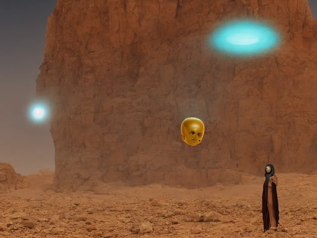 Image similar to levitating glowing bene gesserit with full - face golden mask and glowing eyes in a dry rocky desert landscape, sunny atmosphere, fata morgana giant mirrors, giant alien spaceship in the sky by alejandro jodorowsky, anamorphic lens, kodakchrome, cinematic composition, practical effects, 8 k,