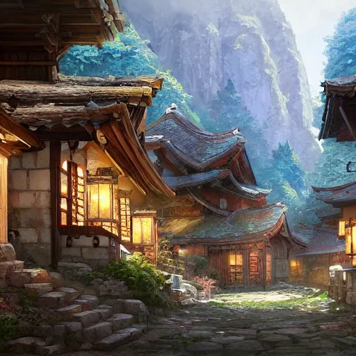 Image similar to concept art painting of a cozy village in a mountainous forested valley, historic european and japanese architecture, realistic, detailed, cel shaded, in the style of makoto shinkai and greg rutkowski and james gurney