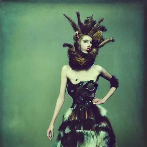 Image similar to damaged kodak portra 4 0 0, wetplate, photo of a surreal artsy dream scene,, very beautiful model, weird fashion, grotesque, extravagant dress, strange pose, carneval, with an animal, wtf, photographed by paolo roversi style