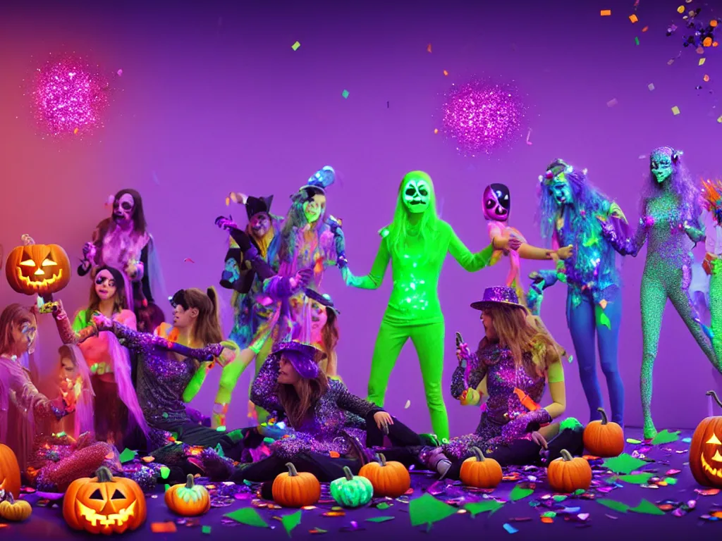 Prompt: Halloween Costume Living room Party , Confetti Streamers Glitter Blacklight UV Fantasy Hyper detailed digital matte painting, concept art, hyperrealism, Cinema 4D, 8k resolution, 64 megapixels, coherent, bokeh, CGSociety, ZBrush Central, behance HD, hypermaximalist, a masterpiece, 4K.