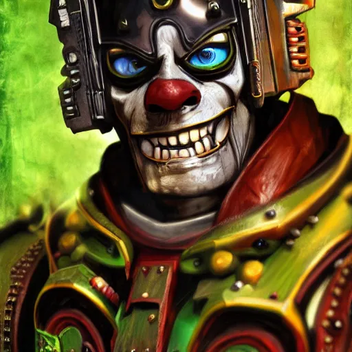 Image similar to jim carey as the mask in the warhammer 4 0 k universe world, digital art, 4 k, very detailed