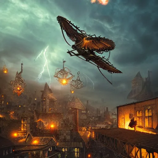 Prompt: a flying steampunk fortress, intricate, behrens style, octane render, fantasy digital art, beautiful composition, trending on artstation, night, meteors, lightning!!! storm, dramatic lighting,